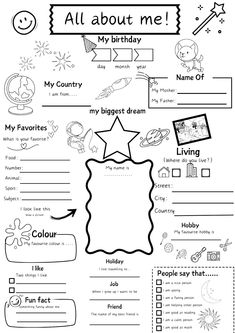 an all about me worksheet with pictures and words on the page, in black and