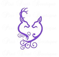 the silhouette of two deers with swirly horns on their heads are shown in purple ink