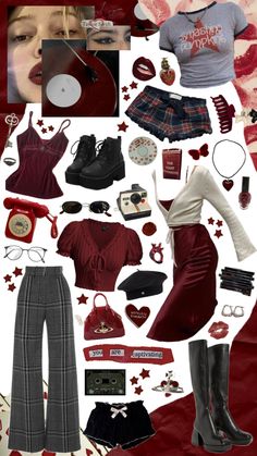 a collage of red and black items including shoes, clothing, accessories