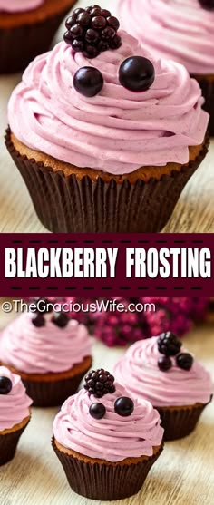 chocolate cupcakes with pink frosting and blackberries on top