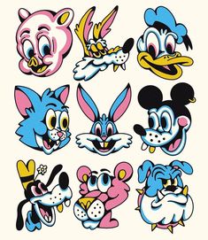 several cartoon characters with different expressions on them, including goofy and donald the cat's head