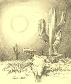 a pencil drawing of a long horn steer in the desert with cactus and moon behind it