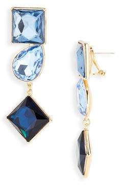 Mixed-cut crystals in shades of blue dazzle on these drop earrings that will be an instant favorite for fun or fancy. Omega-clip closure Goldtone plate/glass crystal Imported Hispanic & Latinx Owned/Founded Crystal Drop Earrings, Crystal Drop, Glass Crystal, Carolina Herrera, Crystal Glass, Shades Of Blue, Gold Tones, Jewelry Earrings, Nordstrom