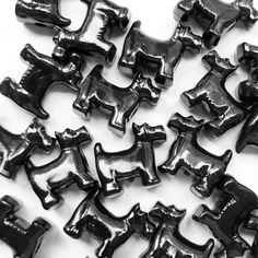 black and white photograph of dog charms