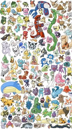 an image of many different types of pokemons on a white background, all in various colors