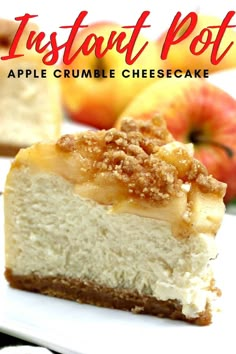 a slice of apple crumble cheesecake on a white plate