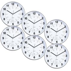 four white clocks with different times on each side and numbers in the middle, set against a white background