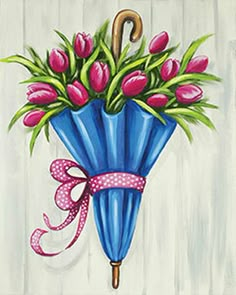 a painting of a blue umbrella with pink tulips