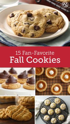 some cookies and other desserts on a table with the words 15 fan - favorite fall cookies