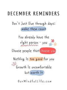 a poster with the words december reminders written in different colors and font on it