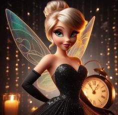 a cartoon character is standing next to an alarm clock and some candles in the background