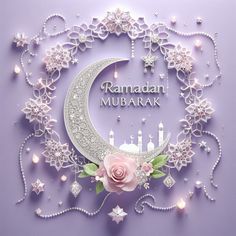 the ramadan mubarak greeting card is decorated with pearls and flowers