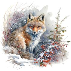 a painting of a fox sitting in the snow with berries on it's head