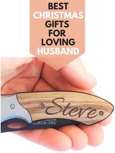 a person holding a knife with the words best christmas gifts for loving husband on it