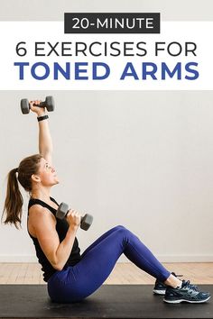 a woman is doing exercises with dumbbells on her stomach and arms in front of the text, 20 - minute 6 exercises for toneed arms