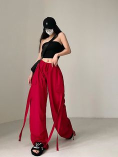 Brand: other/other Size: S M L style: street Street: Europe and America color type: red Season of the Year: Fall 2022 Length: trousers Women's pants type: Wide leg pants Material composition: other materials Tassel Pants, Sportwear Outfit, Red Cargo Pants, Red Pants Outfit, Winter Palette, Spring Outfits For School, Japanese Street Wear, Red Outfits, Concert Fit