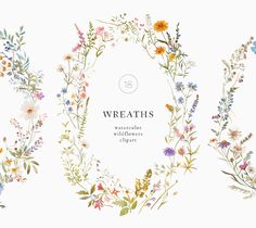 three wreaths with wildflowers and flowers on them, all in different colors