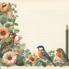 two birds sitting on top of a flower covered border with lined paper in the background