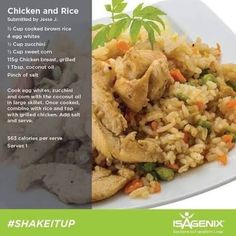 chicken and rice on a white plate with green leafy garnish, in an advertisement