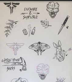 various tattoos are drawn on a piece of paper