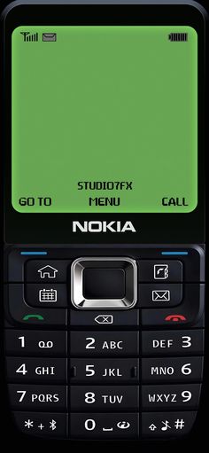 an old nokia cell phone with green screen and numbers on the front, black background