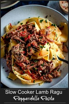 slow cooker lamb ragu with caperedelle pasta in a white bowl on a blue table