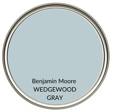 a blue paint can with the words, benjamin moore wedgewod gray