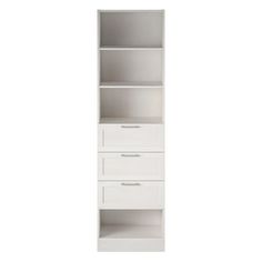 a white bookcase with three drawers on the bottom and one drawer in the middle