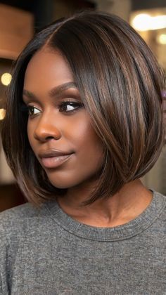 Maple Brown Soft Waves for Fall Hair Colors Dark Skin Brown. Dark Brown Highlights Black Women, Bobs With Glasses, Reddish Brown Bob Black Women, Dark Brown Bob Black Women, Brown Hair For Brown Skin, Dyed Hair For Dark Skin, Dark Skin Fall Hair Color, Chocolate Brown Bob Wig, Black Bobs