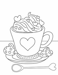 a cup of coffee with hearts on it and spoons to the side, coloring page