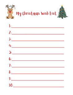 a christmas wish list for kids with reindeer and tree on the top, in red