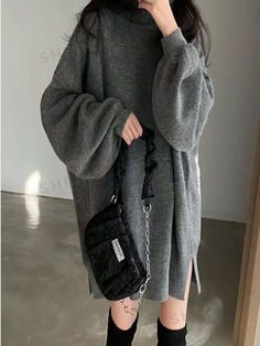 Details:Asymmetrical \nHem Shaped:Asymmetrical \nStyle:Casual \nNeckline:High Neck \nWaist Line:Natural \nDetails:Split \nSleeve Type:Drop Shoulder \nColor:Dark Grey \nPattern Type:Plain \nSleeve Length:Long Sleeve \nLength:Short \nFit Type:Loose \nFabric:Medium Stretch \nMaterial:Knitwear \nComposition:100% Polyester \nCare Instructions:Hand wash or professional dry clean \nTemperature:Late Fall (10-17℃/50-63℉) \nSheer:No \n Christmas Outfit Men, Womens Long Dresses, Turtleneck Sweater Dress, Winter Outfits Men, Long Sleeve Knit Sweaters, Women Sweater, Sweater Dress Women, Knitted Top, Long Sleeve Turtleneck