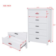 a white dresser with drawers and measurements for each drawer