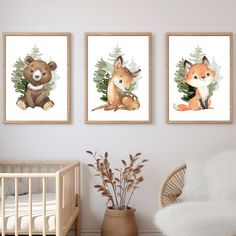 three pictures of animals hanging on the wall next to a crib