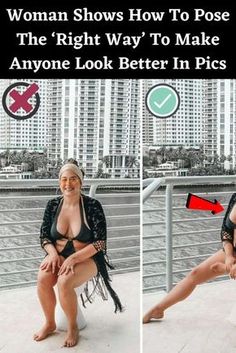 a woman sitting on top of a wooden floor next to a building with the caption, women shows how to pose the right way to make anyone look better in pics