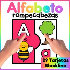 two hands pointing at the letter a and bee on a colorful background with text that reads alphabet rompecabezas