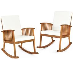 two wooden rocking chairs sitting next to each other