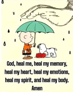 a person holding an umbrella with a dog under it and the words god, heal me, heal my memory