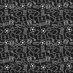 a black and white pattern with soccer related items in the shape of hearts on it