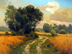 an oil painting of a dirt road in the middle of a field with trees and grass