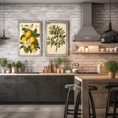 two pictures hanging on the wall above a kitchen counter with stools next to it