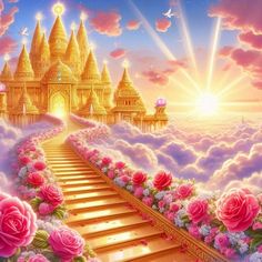 a painting of a stairway leading to a castle with pink roses in the foreground