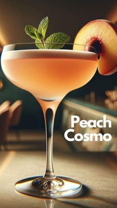 the peach cosmo cocktail is garnished with an apple