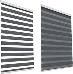 two vertical blinds are shown side by side, one in grey and the other in white