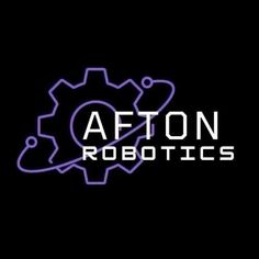 the logo for afton robotics, which is lit up in blue and purple on a black background