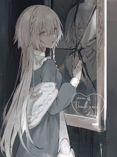 a girl with long hair standing in front of a mirror next to a man holding an umbrella