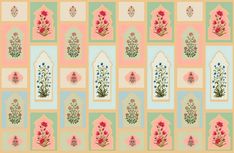 a pattern with flowers and arches on the wall in pink, green, yellow and blue colors