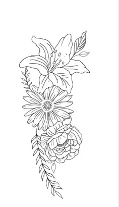 a black and white drawing of flowers with leaves on the bottom half of each flower