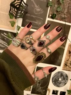 Witchy rings, autumn, silver jewelry, red nails, shiny, crystal rings, aesthetic, mysterious Ring Finger Aesthetic, Fancy Rings Aesthetic, Mushroom Accessories Aesthetic, Hand With A Lot Of Rings, Silver Jewelry Aesthetic Vintage, Indie Rings Aesthetic, Hand Jewelry Silver, Fashion Accessories Aesthetic, 70s Jewelry Aesthetic