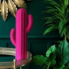 a pink cactus sitting on top of a table next to a potted plant